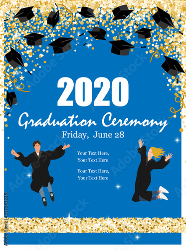 Graduation Class Ceremony of 2020 greeting cards set with graduate hats in the air gold confetti. Vector grad party invitation poster.