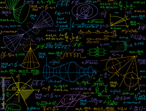 Math vector seamless pattern with handwritten multicolored formulas, calculations, equations