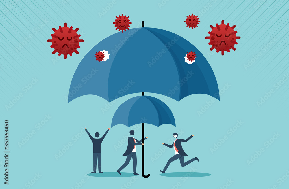 COVID-19 or Coronavirus outbreak financial crisis help policy, company and business to survive concept, businessman leader stand safe by cover himself with big umbrella. vector cartoon design.