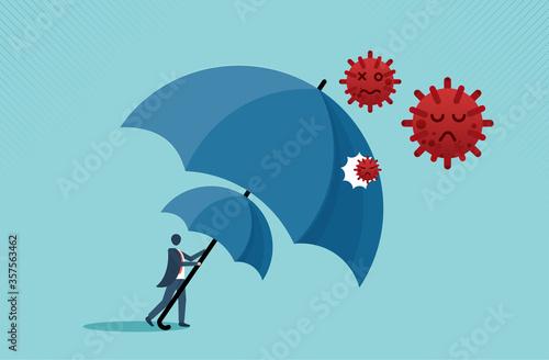 COVID-19 or Coronavirus outbreak financial crisis help policy, company and business to survive concept, businessman leader stand safe by cover himself with big umbrella. vector cartoon design.