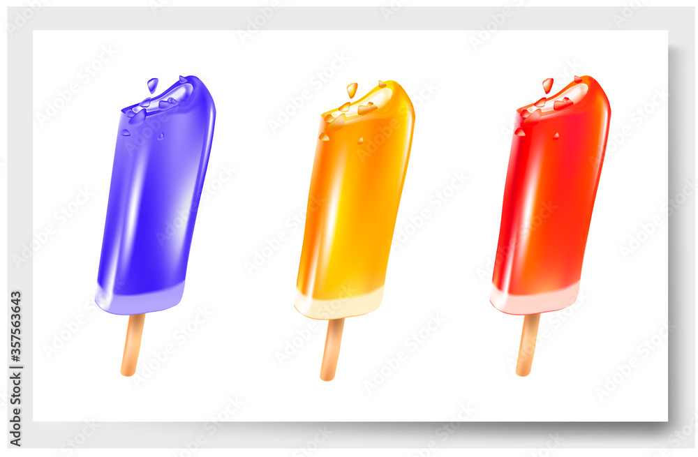 3 d.Popsicle ice cream on a stick. Set of fruit ice cream. Vector