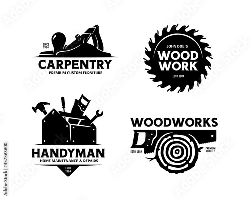 Carpentry woodworks handyman labels set. Vector illustration.