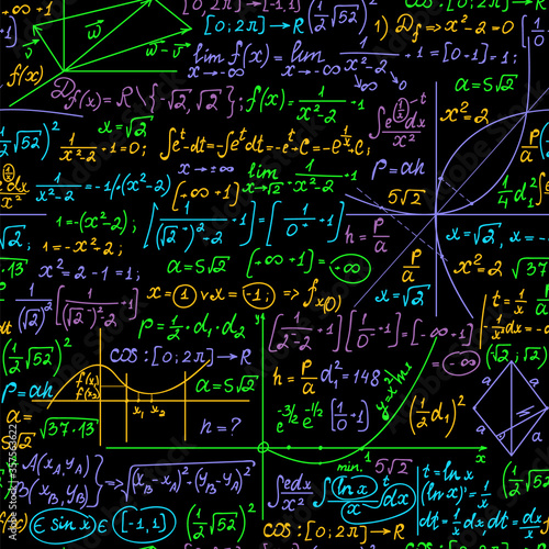 Mathematical vector seamless pattern with handwritten multicolored math formulas, calculations, equations
