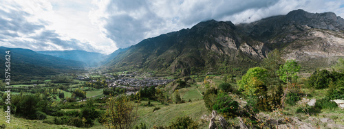 Landscape of the city of Benasque, surrounded by the highest peaks in that range, which is the main town in the Benasque Valley, located in the heart of the Pyrenees, Aragón, Spain.