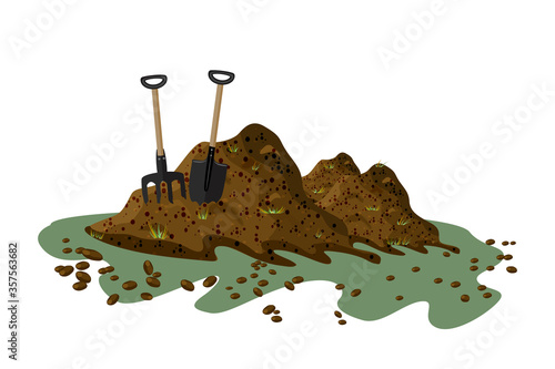 Pile of soil isolated on white background. Hayfork and shovel in a pile of ground. Heap of substrate, humus, fertilizer, compost. Hill of earth or dirt. Bunch of manure. Zero waste. Stock vector