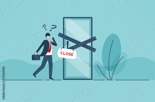 Coronavirus or COVID-19 social distancing impact on entrepreneur or small business shop to closed with problem of employment, sad man business shop owner with closed sign because virus. Vector design.