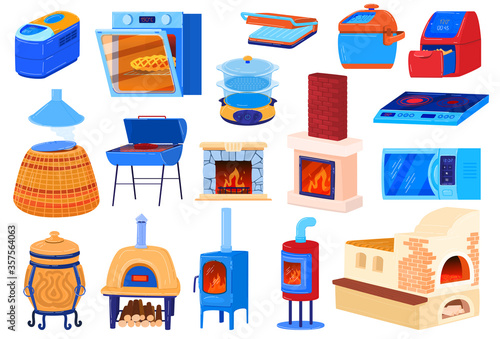 Oven stove vector illustrations. Cartoon flat set for cook food in kitchen with electric or gas hob stove, old iron wood burning stove with firewood and fire, microwave, BBQ grill isolated on white