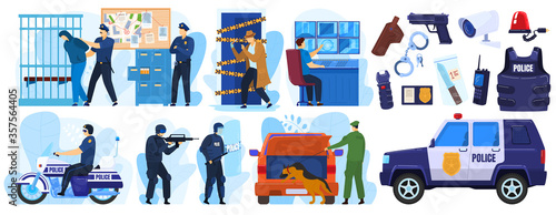 Police vector illustration set. Cartoon flat policeman and criminal characters on arrest emergency, policeofficer people in uniform or bulletproof vest with handcuffs, cop profession isolated on white