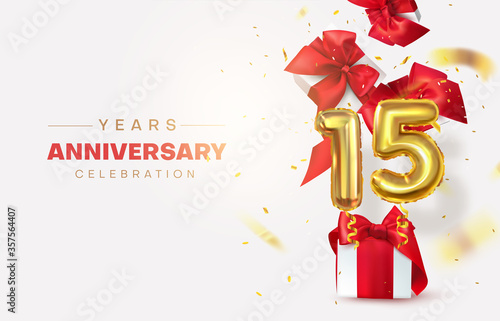 Fifteenth anniversary or birthday celebration. Numeric, Birthday balloon. Gifts are flying with confetti, number 15. Birthday decorations. Vector illustration