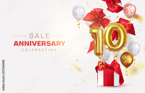 Tenth anniversary celebration. Gifts and balloons are flying.. number 10. Birthday discount or sale. Numeric, Birthday balloon. Birthday decorations. Vector illustration
