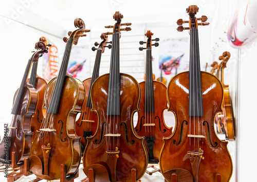 Classical violins standing on a wooden base.