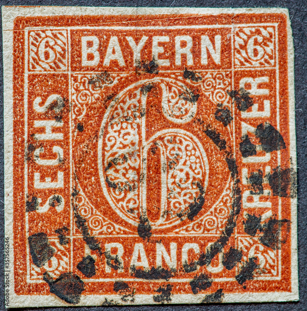 Bavaria / Germany circa 1862: A stamp from Bavaria in Germany in brown showing the number 6 Kreuzer and the word Franco