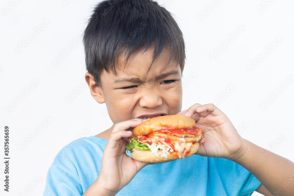 Asian child boy biting and eating a hamberger. Fast food. Kid and healthy concept. On white background isolated. 6-7 years old of childhood. Asian child boy biting and eating a hamberger. Fast food. Kid and healthy concept. On white background isolated. 6-7 years old of childhood.