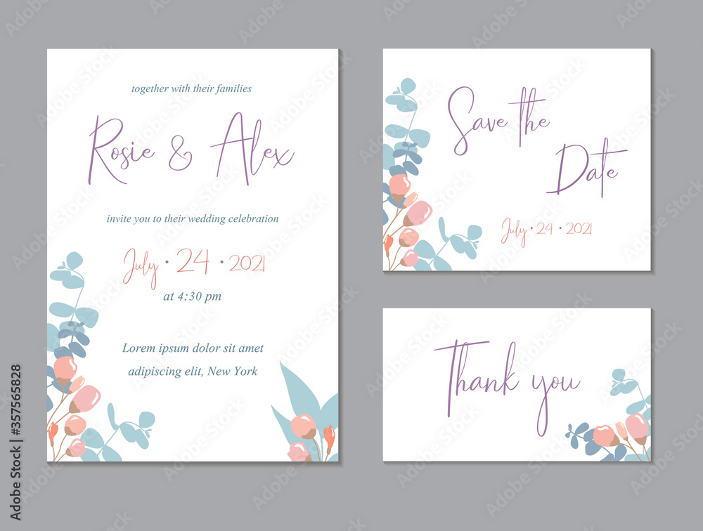 Save the Date Card Templates Set with Eucalyptus leaves, Decorative Floral and Herbs Element