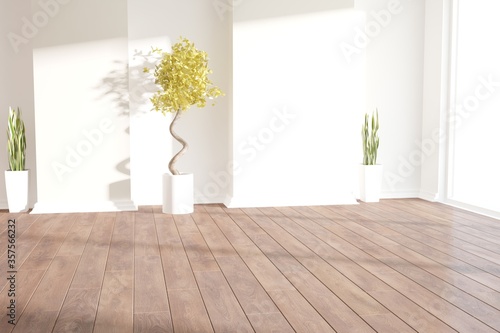 Fototapeta Naklejka Na Ścianę i Meble -  modern empty room with plants in white pots interior design. 3D illustration