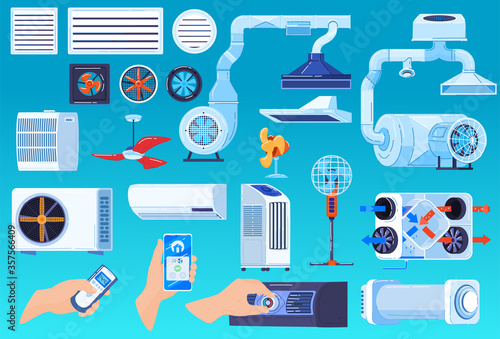 Air conditioner ventilation system vector illustration set. Cartoon flat collection of conditioning or regulation temperature devices in home, ventilator propeller fan, exhaust hood isolated on white