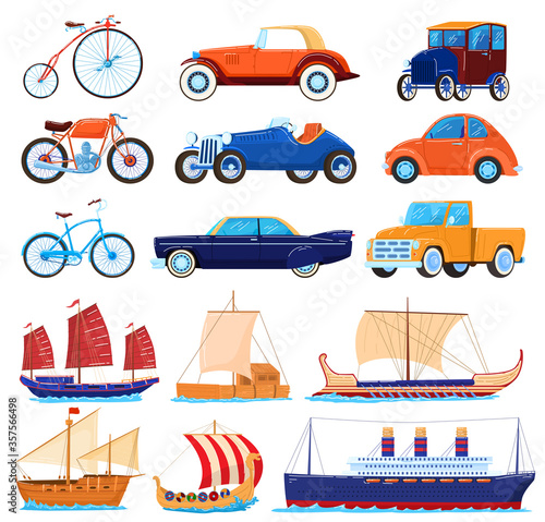 Vintage transport vector illustrations. Cartoon flat transporting classic set of retro american sport cars, old bicycle, sea sailboats, ancient vessel boat or ship for transportation isolated on white