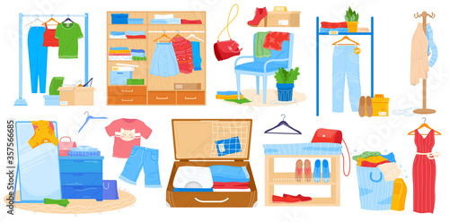 Wardrobe for clothes vector illustration. Cartoon flat room furniture set, opened cupboard closet with woman man clothing, hanger with hanging dress shirt jacket jeans, shoes shelves isolated on white