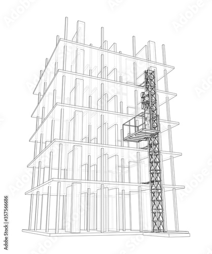 Building under construction with mast lifts