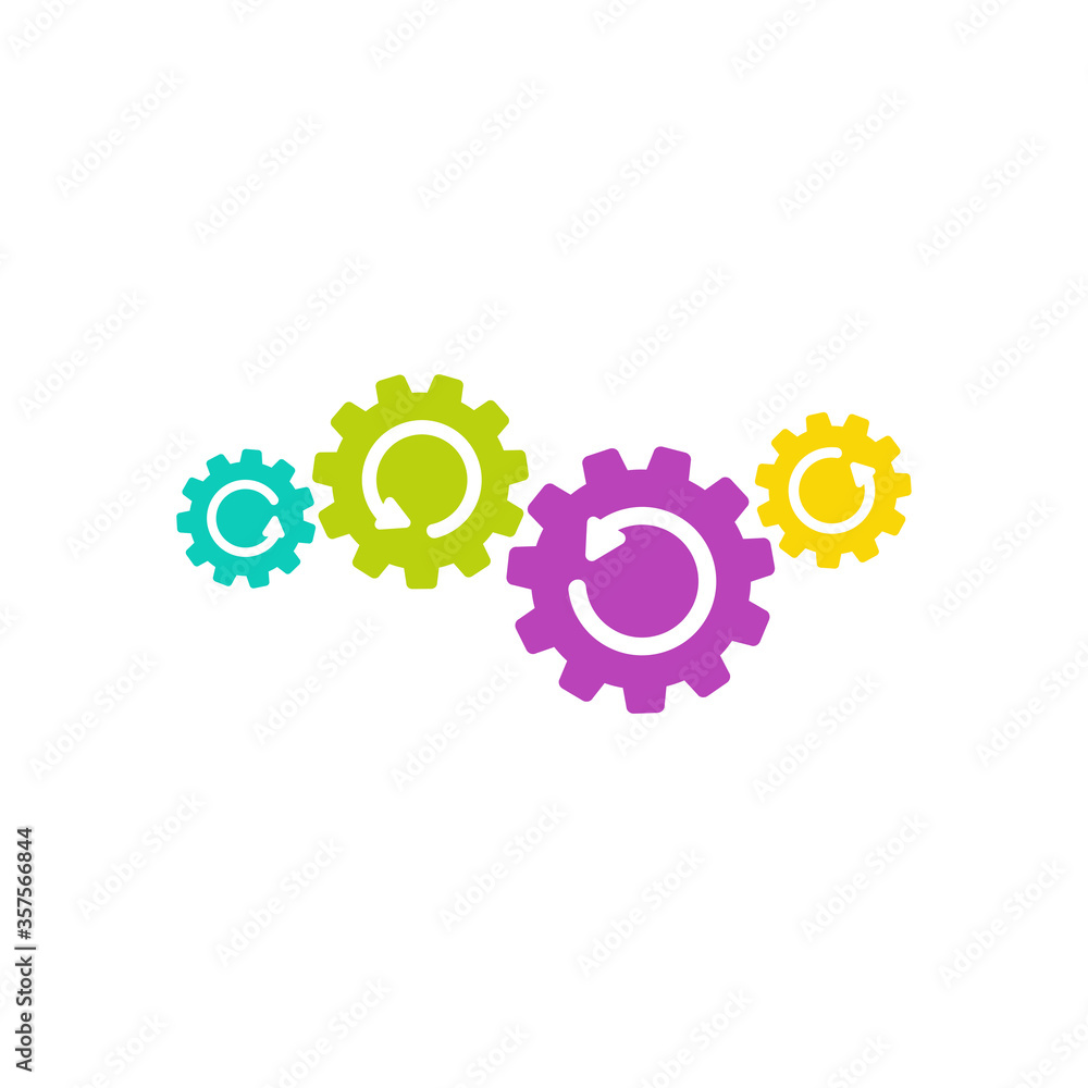 colorful gears with arrows. Flat icon isolated on white. Vector illustration for technology or innovation. colorful gears with arrows. Flat icon isolated on white. Vector illustration for technology or innovation.