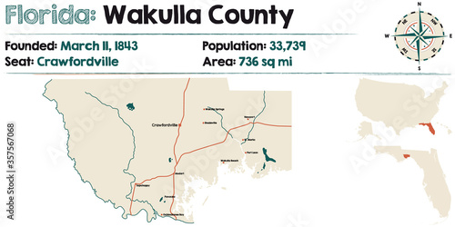 Large and detailed map of Wakulla county in Florida  USA.