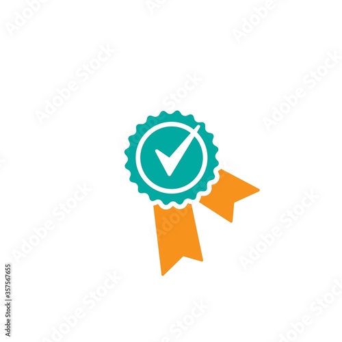 Valid Seal icon. Blue circle with ribbon and gold tick. Flat OK sticker icon. Isolated on white