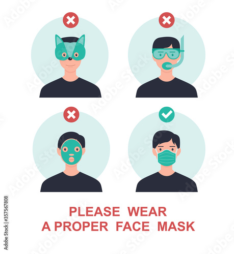 Please wear a proper face mask to avoid novel coronavirus covid-19 . warning or caution sign. Funny andTrendy vector illustration