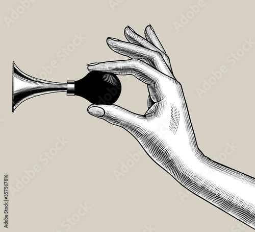 Engraved drawing of a female hand with a car horn in the fingers