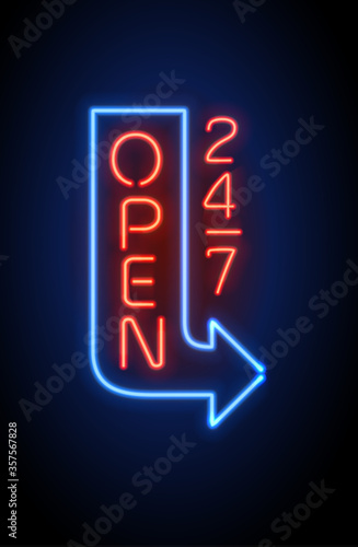 Neon sign Open 24 7 light vector background.