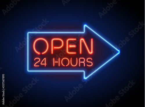 Neon sign Open 24 7 light vector background. photo