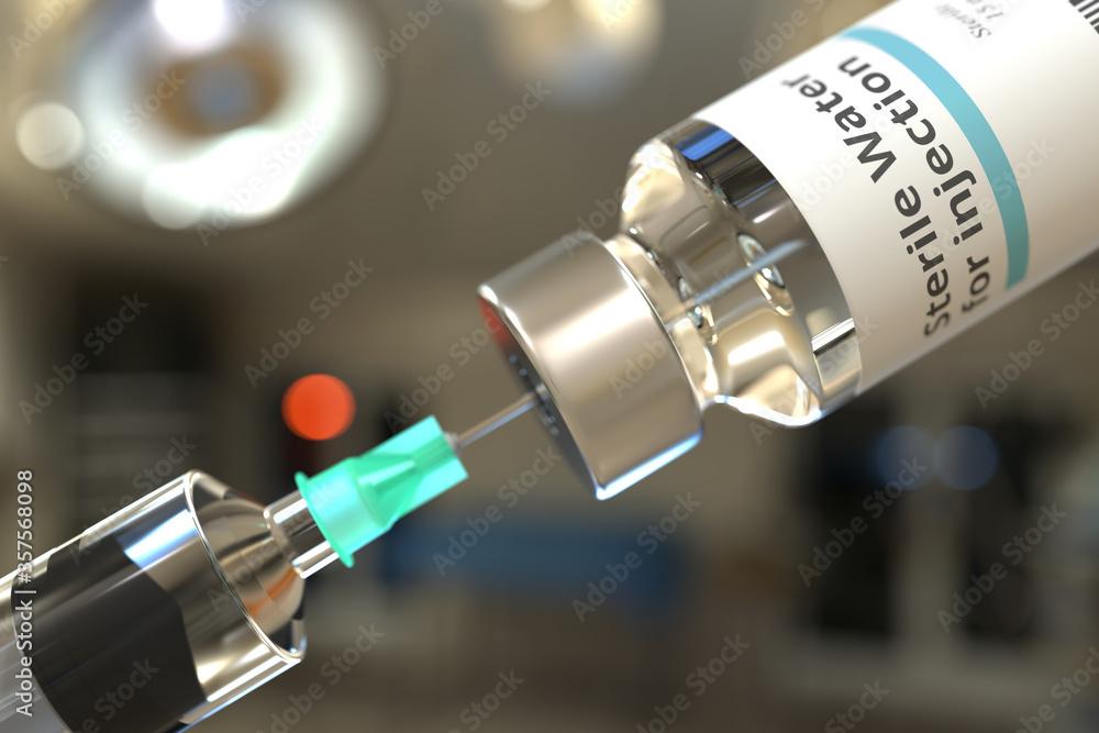 Vial with sterile water for injection. 3D rendering - obrazy, fototapety, plakaty 