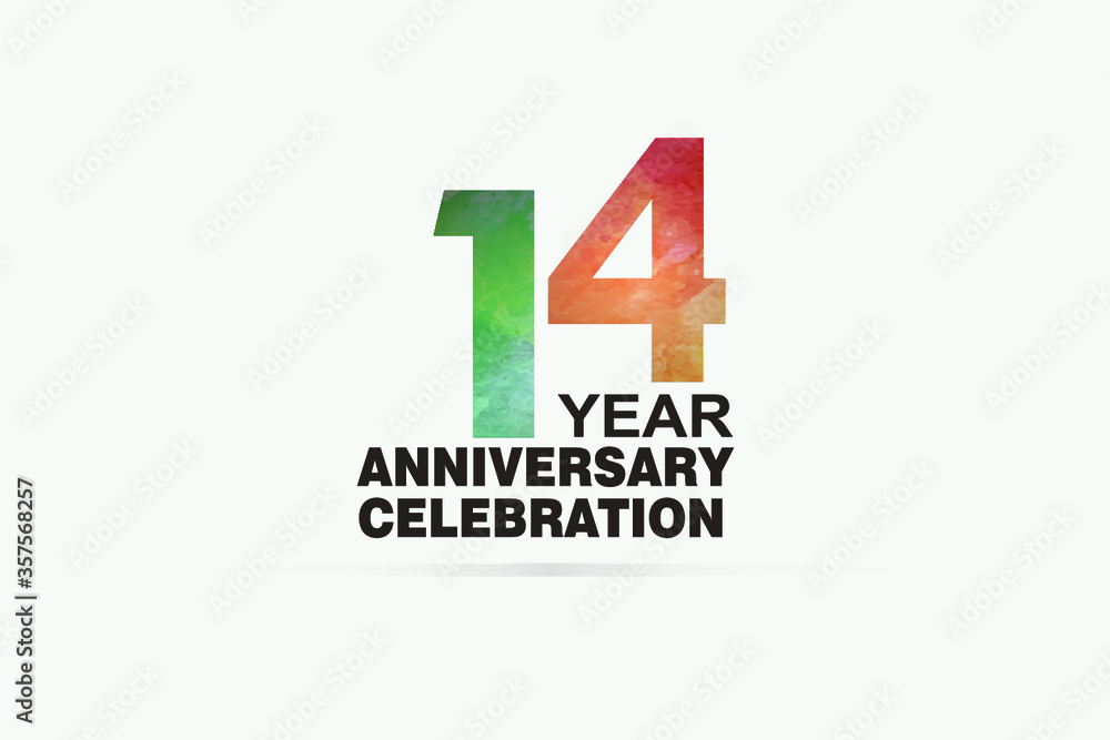 14 year anniversary celebration logotype with watercolor Green and Orange Emboss Style isolated on white background for invitation card, banner or flyer-vector