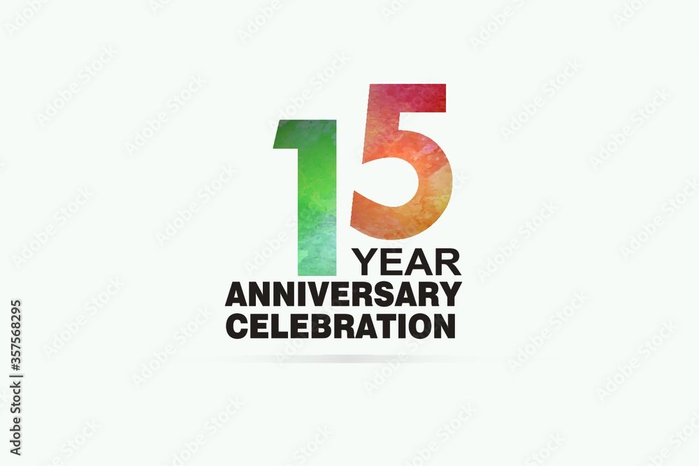 15 year anniversary celebration logotype with watercolor Green and Orange Emboss Style isolated on white background for invitation card, banner or flyer-vector