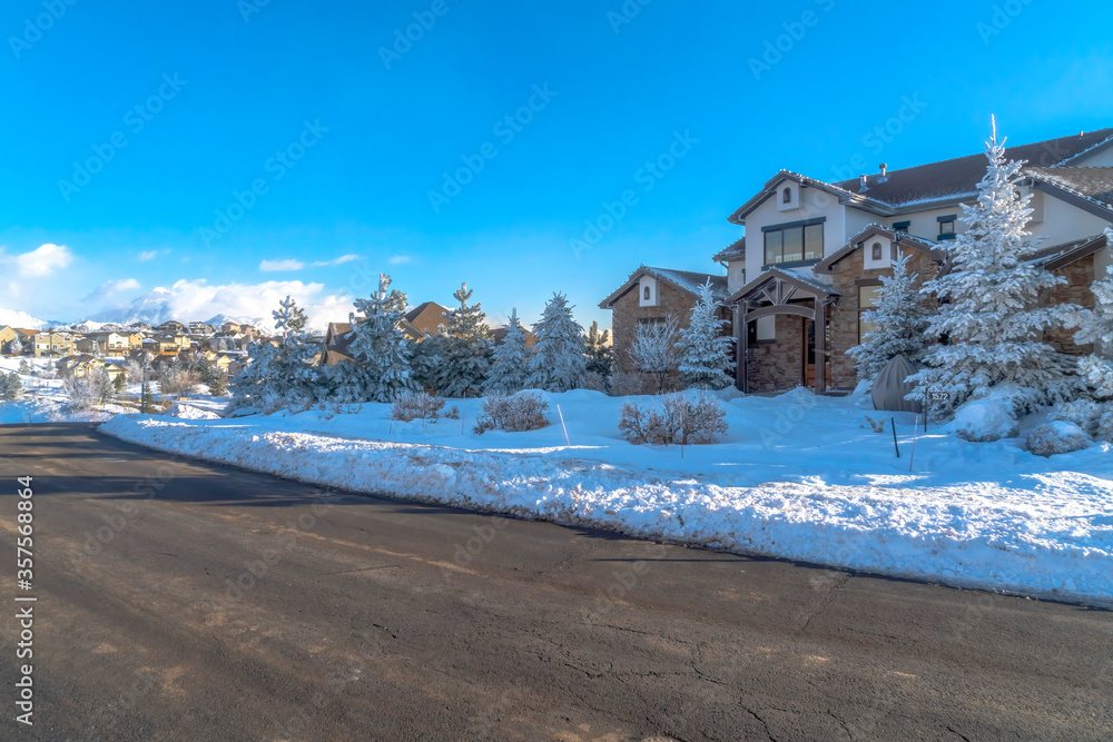 Scenic town in Wasatch Mountain with a road along houses on snowy terrain