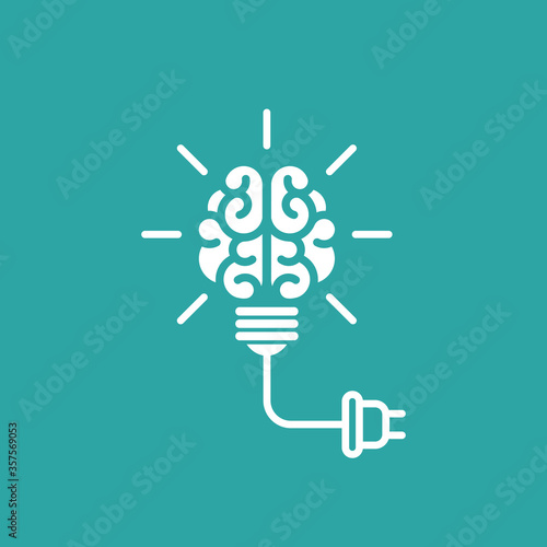White bulb with brain, rays and electrical plug on blue background.