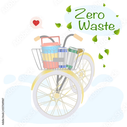 lunch box and stainless tumbler containing on basket bicycle. Eco friendly life concept. zero waste. vector illustration