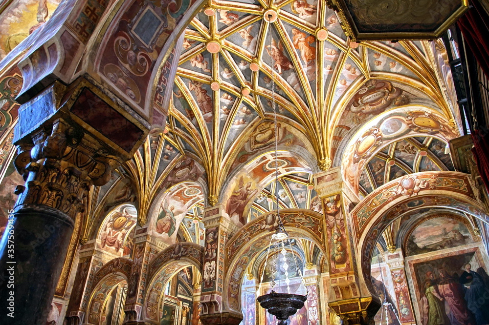 Interior view of La Mezquita Cathedral in Cordoba Spain. The cathedral was built inside of the former Great Mosque. Popular tourist destination in Spain.