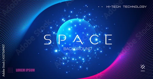 Abstract space background with the image of the planets, geometric shapes background. Futuristic space, modern bright background.