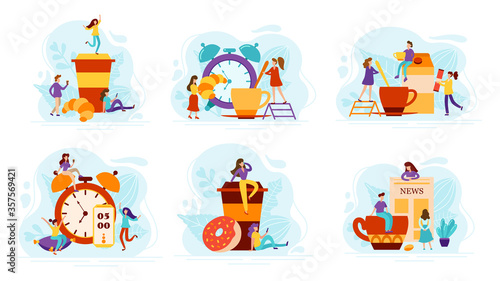 Set of Flat compositions with daily morning life concepts. Fresh coffee and sweets, tiny people and alarm clock. Vector illustration