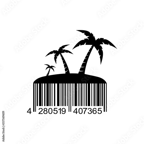 Concepto destino de vacaciones. Icono plano isla con playa y palmeras y código de barras en color negro