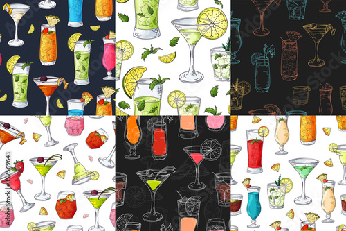 Set of cocktails seamless patterns with hand drawn elements in sketch style. Alcoholic drinks in different glass in color. Vector illustration
