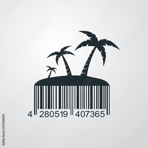 Concepto destino de vacaciones. Icono plano isla con playa y palmeras y código de barras en fondo gris