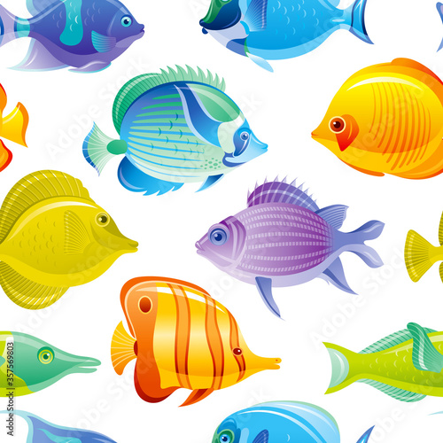 Fish seamless pattern. Tropical Sea vector background. Watercolor ocean set. Underwater animal design. Coral reef fishes cute cartoon illustration. Blue color summer marine print. Deep water wallpaper