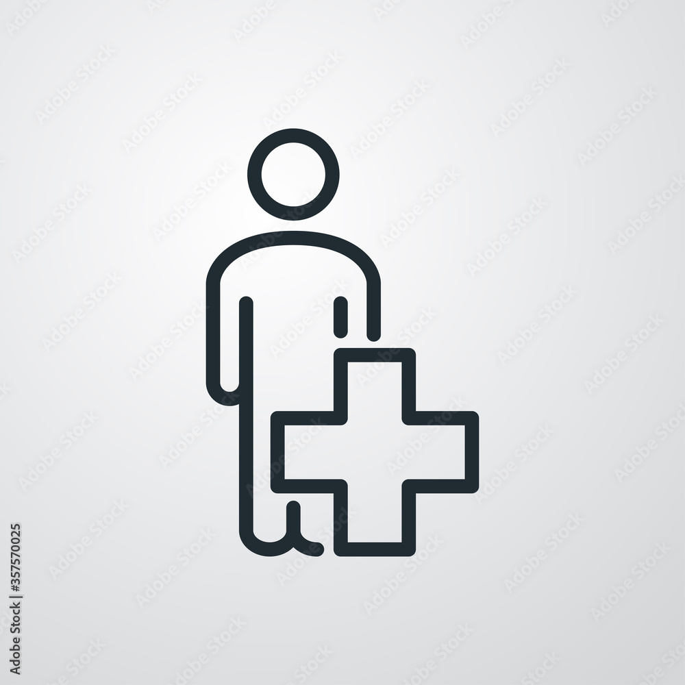 Concepto primeros auxilios. Icono plano lineal hombre de pie con cruz en fondo gris Concepto primeros auxilios. Icono plano lineal hombre de pie con cruz en fondo gris
