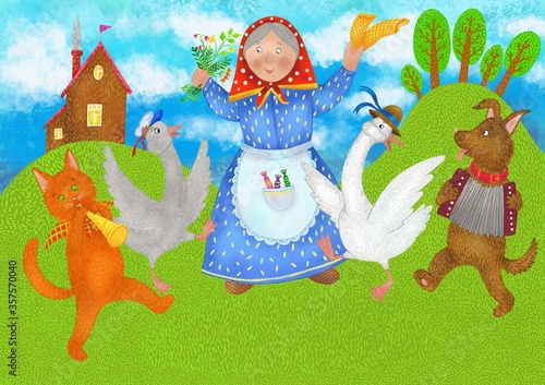 Grandmother  goose  cat and dog are dancing merrily. Bright digital illustration. Cute illustration for the decor and design of posters  postcards  prints  stickers  invitations  textiles.