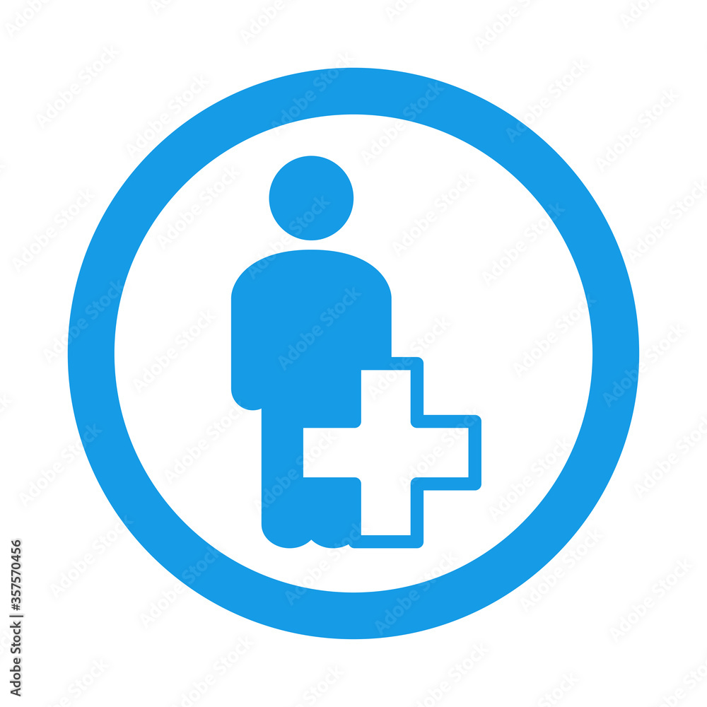 Concepto primeros auxilios. Icono plano hombre de pie con cruz en círculo color azul Concepto primeros auxilios. Icono plano hombre de pie con cruz en círculo color azul