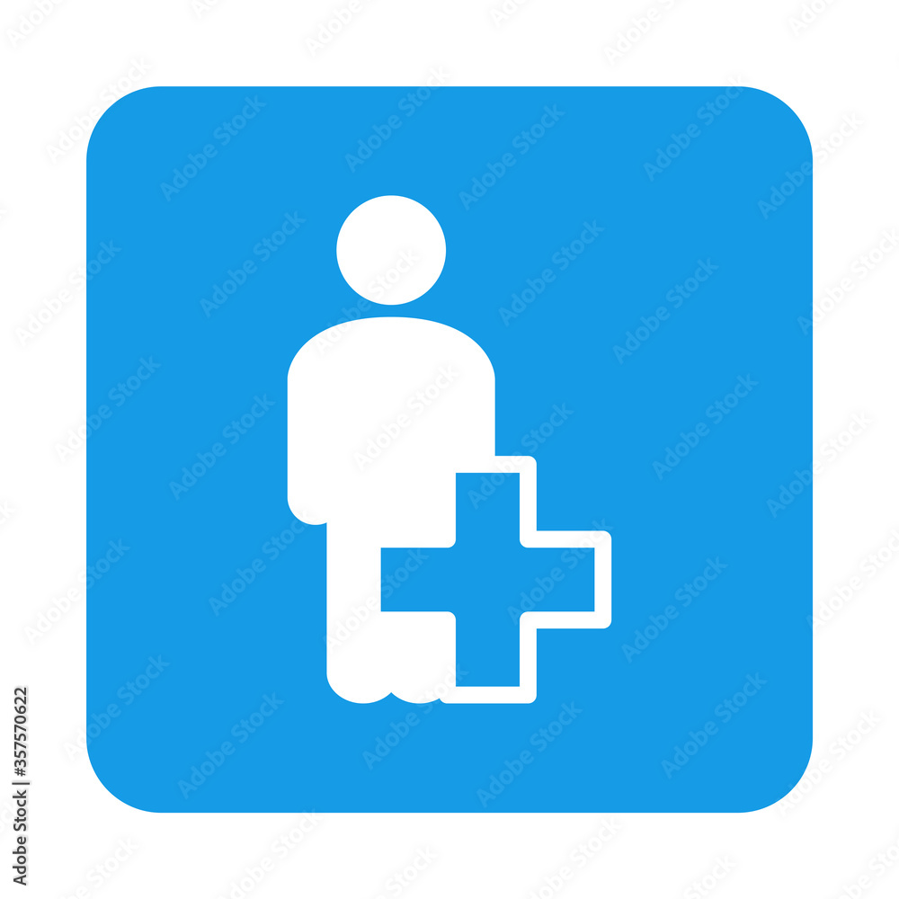Concepto primeros auxilios. Icono plano hombre de pie con cruz en cuadrado color azul Concepto primeros auxilios. Icono plano hombre de pie con cruz en cuadrado color azul
