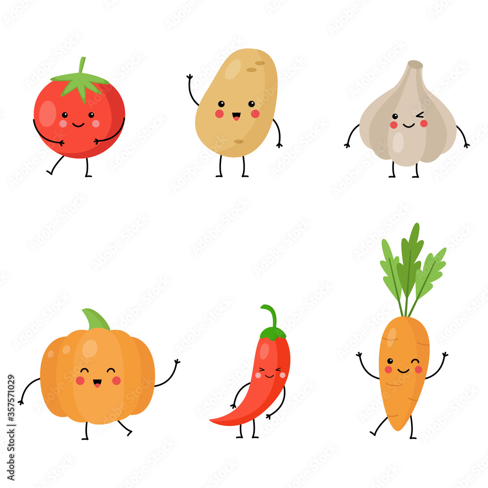 Collection of cute kawaii vegetables on white background. Collection of cute kawaii vegetables on white background.