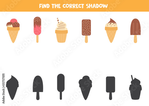 Logical game for kids. Find the right shadow of ice cream.
