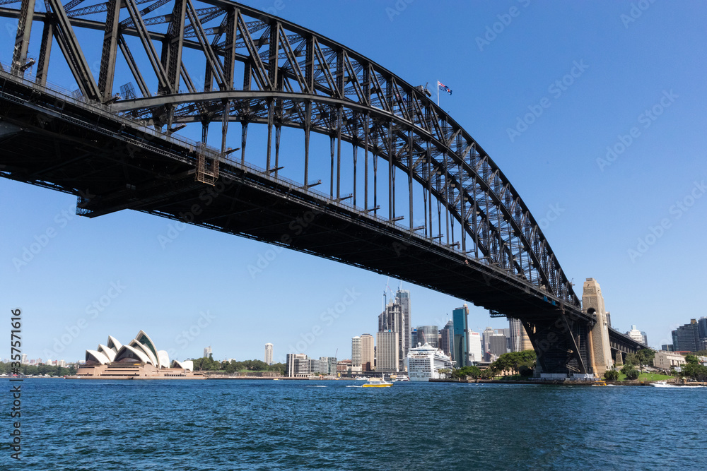 Sydney, New South Wales NSW, Australia; March 2020: Picture from below the Harbour bridge with Opera house and city skyline. View from the public ferry boat. Sydney, Australia